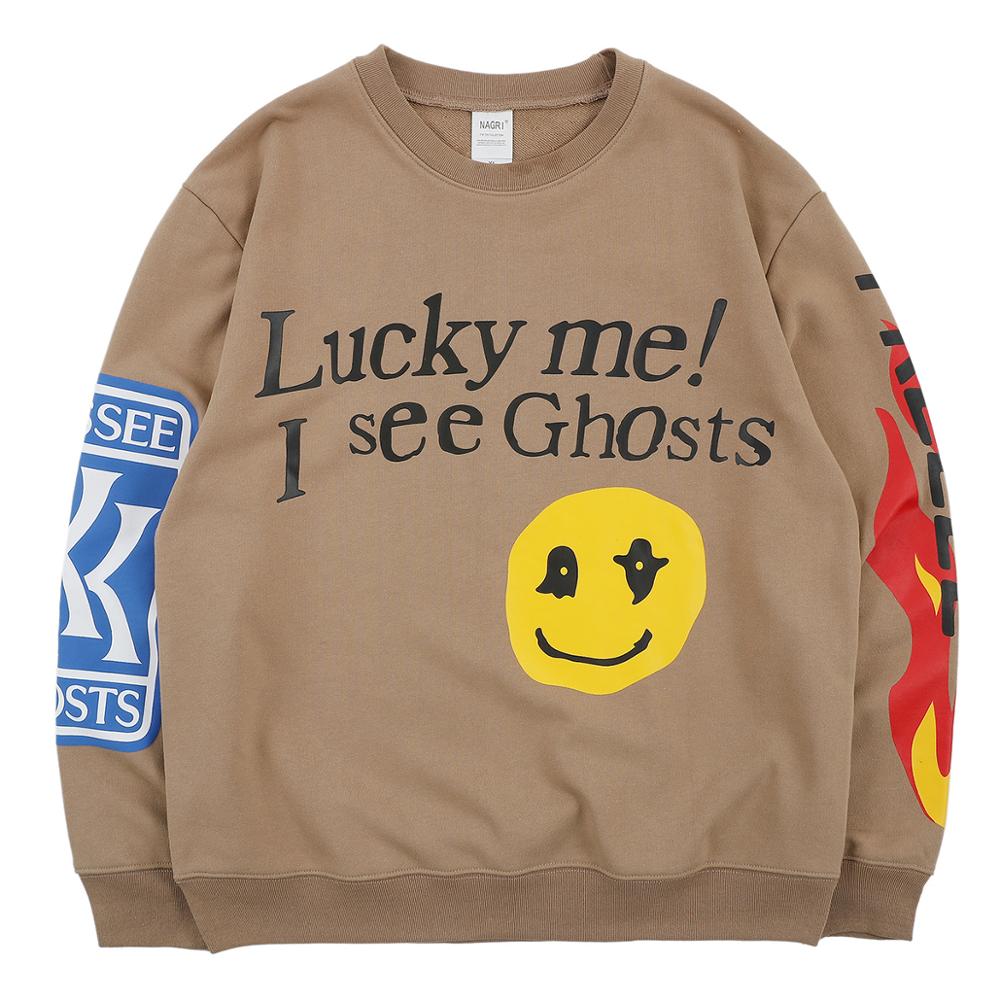 Kanye West Graffiti Letter Print Heavyweight Sweatshirt Lucky Me I See Ghosts Men Hoodie Hip Hop Hoodies